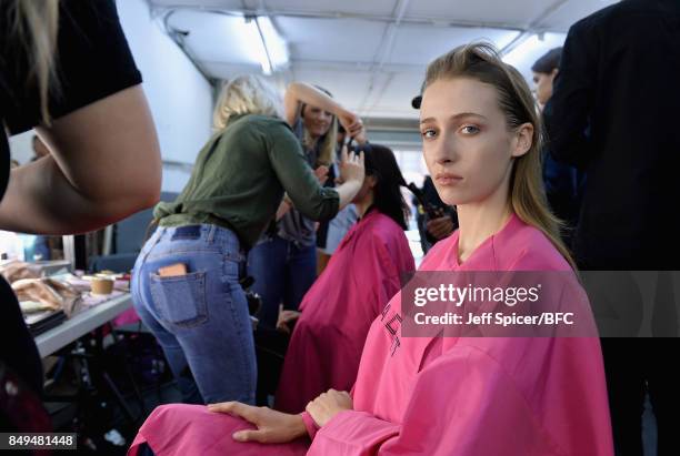 Model backstage ahead of the Sharon Wauchob show during London Fashion Week September 2017 on September 19, 2017 in London, England.