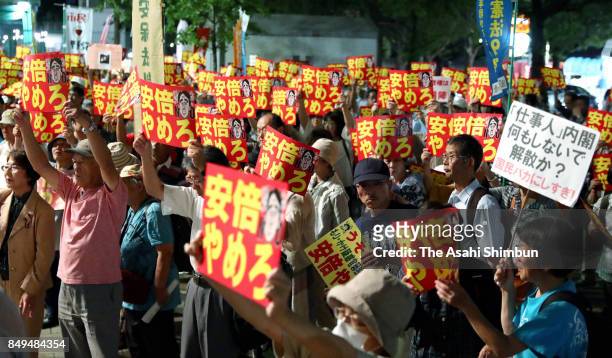 People demand the resignation of Prime Minister Shinzo Abe during a rally on September 19, 2017 in Nagoya, Aichi, Japan. Prime Minister Abe is...