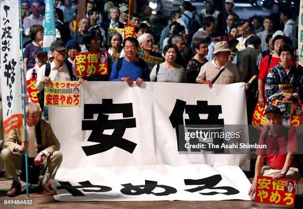 People demand the resignation of Prime Minister Shinzo Abe during a rally on September 19, 2017 in Nagoya, Aichi, Japan. Prime Minister Abe is...