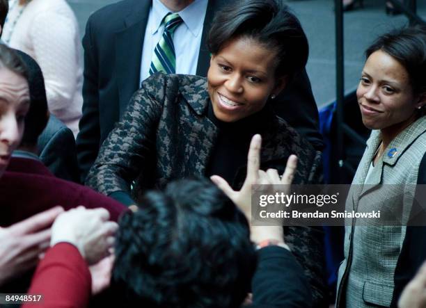First lady Michelle Obama greets members of the audience after speaking at the Department of Transportation February 20, 2009 in Washington, DC....