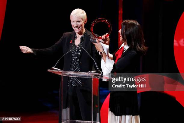 Annie Lennox accepts the George Harrison Award from Olivia Harrison during "Global Citizen Live!" at NYU Skirball Center on September 18, 2017 in New...