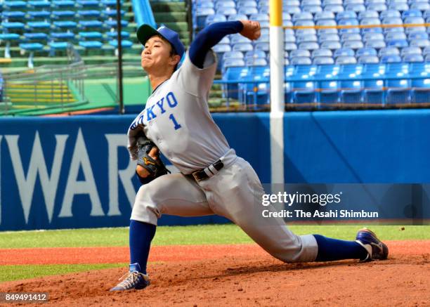 Kohei Miyadai of Tokyo delivers a pitch during the Tokyo Big6 Baseball League game between Tokyo University and Keio University at Jingu Stadium on...