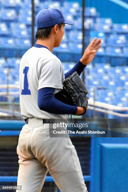 Kohei Miyadai of Tokyo reacts during the Tokyo Big6 Baseball League game between Tokyo University and Keio University at Jingu Stadium on September...