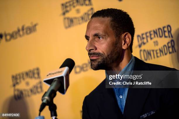 Rio Ferdinand during a press conference at The Town Hall Hotel on September 19, 2017 in London, England. Retired England international footballer Rio...