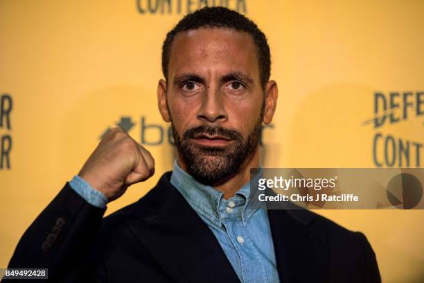 Rio Ferdinand poses for photos during a press conference at The Town Hall Hotel on September 19, 2017 in London, England. Retired England...