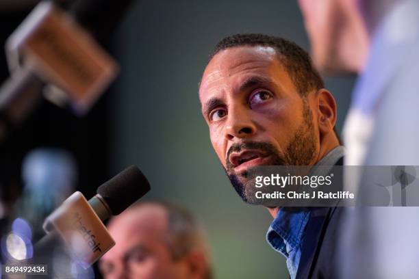 Rio Ferdinand during a press conference at The Town Hall Hotel on September 19, 2017 in London, England. Retired England international footballer Rio...