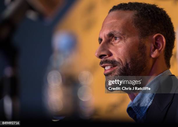 Rio Ferdinand during a press conference at The Town Hall Hotel on September 19, 2017 in London, England. Retired England international footballer Rio...