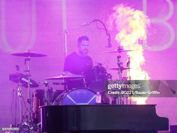 Andy Hurley of music band 'Fall Out Boy' is seen performing at 'Jimmy Kimmel Live' on September 18, 2017 in Los Angeles, California.