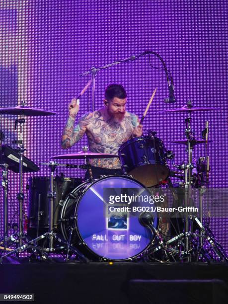 Andy Hurley of music band 'Fall Out Boy' is seen performing at 'Jimmy Kimmel Live' on September 18, 2017 in Los Angeles, California.
