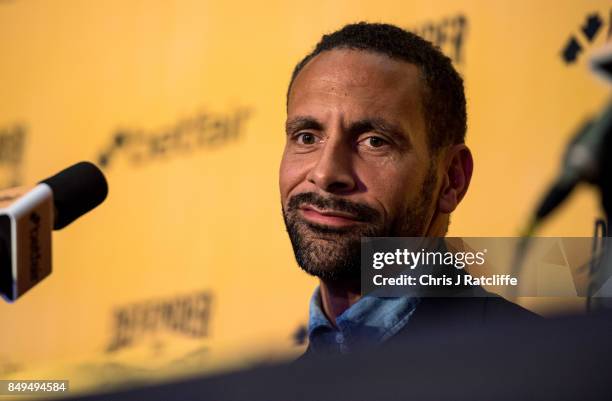 Rio Ferdinand during a press conference at The Town Hall Hotel on September 19, 2017 in London, England. Retired England international footballer Rio...