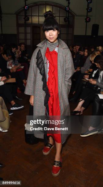 Susie Lau attends the palmer//harding SS18 catwalk show during London Fashion Week September 2017 at The College on September 19, 2017 in London,...