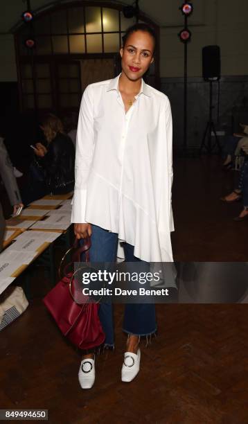 Zawe Ashton attends the palmer//harding SS18 catwalk show during London Fashion Week September 2017 at The College on September 19, 2017 in London,...