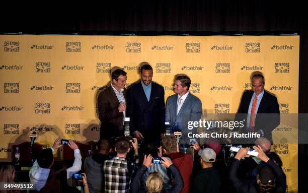 Rio Ferdinand poses for photos with Richie Woodhall , Mel Deane and Barry Orr during a press conference at The Town Hall Hotel on September 19, 2017...