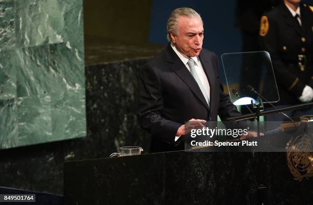 Brazilian President Michel Temer speaks to world leaders at the 72nd United Nations General Assembly at UN headquarters in New York on September 19,...