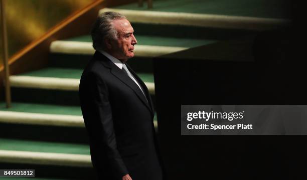 Brazilian President Michel Temer arrives to speak to world leaders at the 72nd United Nations General Assembly at UN headquarters in New York on...