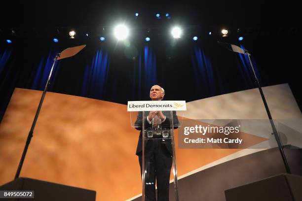 Leader of the Liberal Democrats Vince Cable delivers his keynote speech during the final day of the Liberal Democrat Autumn Conference on September...