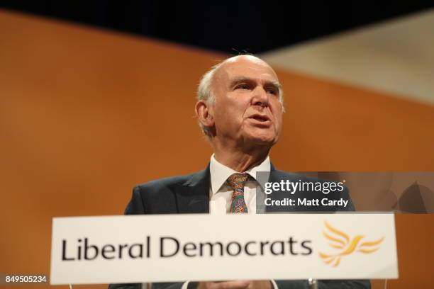 Leader of the Liberal Democrats Vince Cable delivers his keynote speech during the final day of the Liberal Democrat Autumn Conference on September...