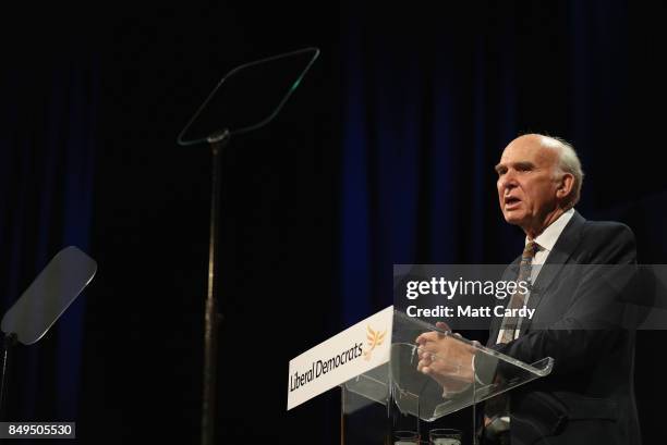 Leader of the Liberal Democrats Vince Cable delivers his keynote speech during the final day of the Liberal Democrat Autumn Conference on September...