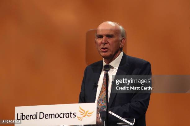 Leader of the Liberal Democrats Vince Cable delivers his keynote speech during the final day of the Liberal Democrat Autumn Conference on September...