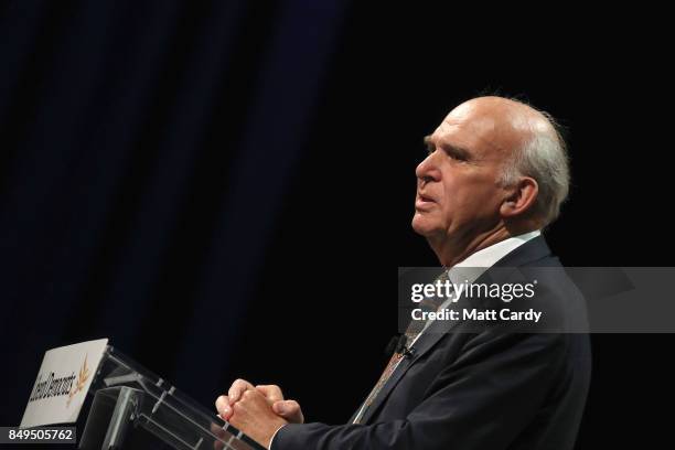 Leader of the Liberal Democrats Vince Cable delivers his keynote speech during the final day of the Liberal Democrat Autumn Conference on September...