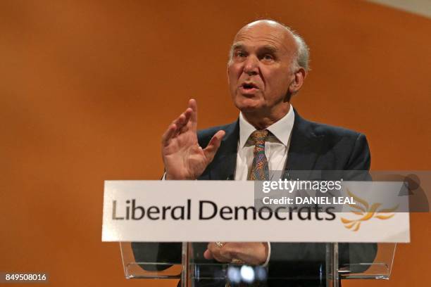 Britain's leader of the Liberal Democrats, Vince Cable delivers his Keynote Speech at the party's annual conference in Bournemouth, southern England,...