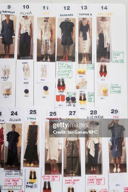 Model look board backstage ahead of the Jamie Wei Huang presentation during London Fashion Week September 2017 on September 19, 2017 in London,...