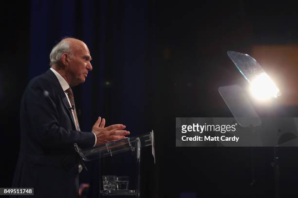 Leader of the Liberal Democrats Vince Cable delivers his keynote speech during the final day of the Liberal Democrat Autumn Conference on September...