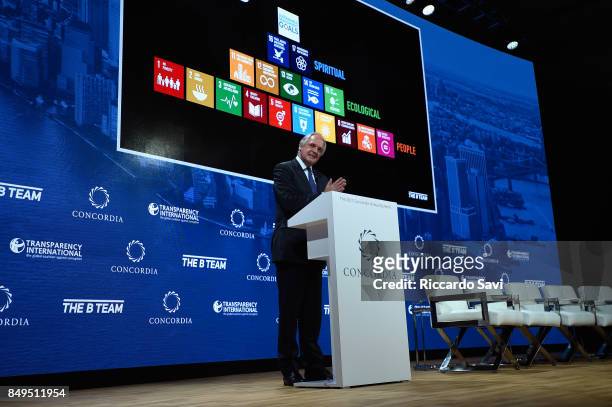 Paul Polman, Cheif Executive Officer of Unilever speaks at The 2017 Concordia Annual Summit at Grand Hyatt New York on September 19, 2017 in New York...
