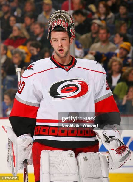 Cam Ward of the Carolina Hurricanes tends goal against the Buffalo Sabres on February 15, 2009 at HSBC Arena in Buffalo, New York.