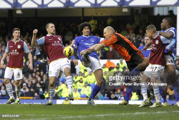 Aston Villa goalkeeper Bradley Guzan denies Everton's Marouane Fellaini