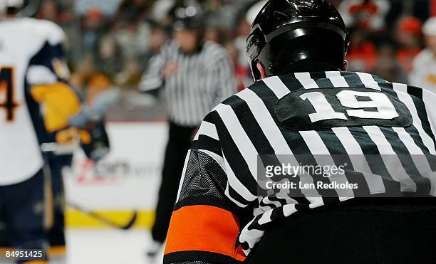 Referee Gord Dwyer readies for play to begin in a NHL game between the Philadelphia Flyers and the Buffalo Sabres on February 19, 2009 at the...