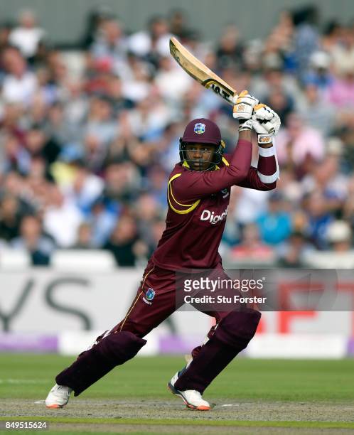 West Indies batsman Marlon Samuels bats during the 1st Royal London One Day International match between England and West Indies at Old Trafford on...