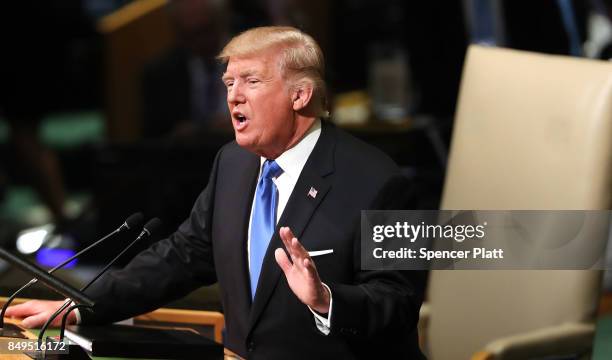 President Donald Trump speaks to world leaders at the 72nd United Nations General Assembly at UN headquarters in New York on September 19, 2017 in...