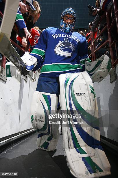 Roberto Luongo of the Vancouver Canucks leaves the dressing room during their game against the Montreal Canadiens at General Motors Place on February...