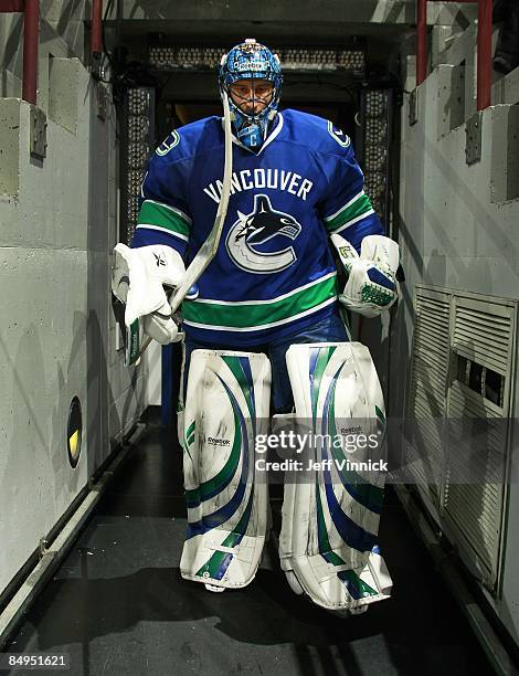 Roberto Luongo of the Vancouver Canucks leaves the dressing room during their game against the Montreal Canadiens at General Motors Place on February...