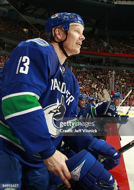 Mats Sundin of the Vancouver Canucks looks on from the bench during their game against the Montreal Canadiens at General Motors Place on February 15,...