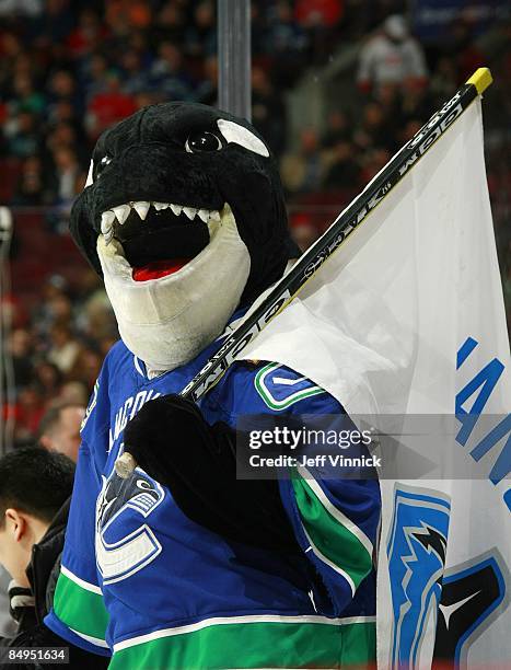 Vancouver Canucks mascot Fin looks on during the game between the Vancouver Canucks and the Montreal Canadiens at General Motors Place on February...