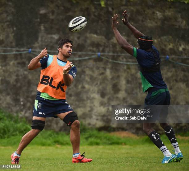 Galway , Ireland - 19 September 2017; Jarrad Butler, left, and Niyi Adeolokun of Connacht during squad training at the Sportsground in Galway.