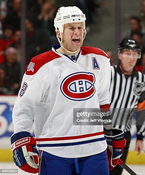 Mike Komisarek of the Montreal Canadiens reacts to a call during their game against the Vancouver Canucks at General Motors Place on February 15,...