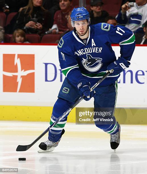 Ryan Kesler of the Vancouver Canucks skates up ice with the puck during their game against the Montreal Canadiens at General Motors Place on February...