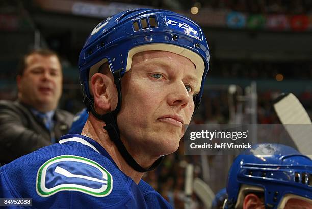 Mats Sundin of the Vancouver Canucks looks on from the bench during their game against the Montreal Canadiens at General Motors Place on February 15,...