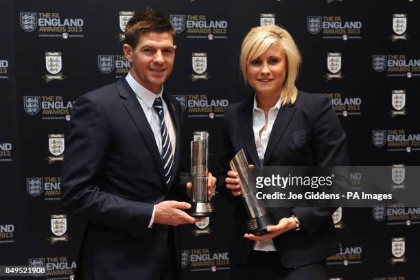 England's Steven Gerrard and Stephanie Houghton With their respective Senior Men's and Women's Player of the Year Awards during the FA England Awards...