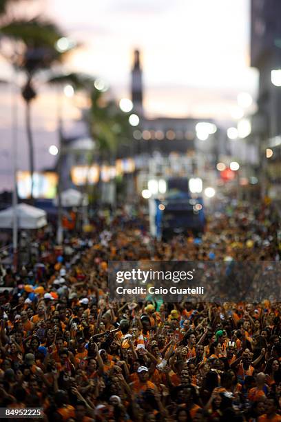 Revellers follow Timbalada's music truck at the Barra-Ondina track of Salvador's Carnival in February 20, 2009 in Salvador, Brazil.