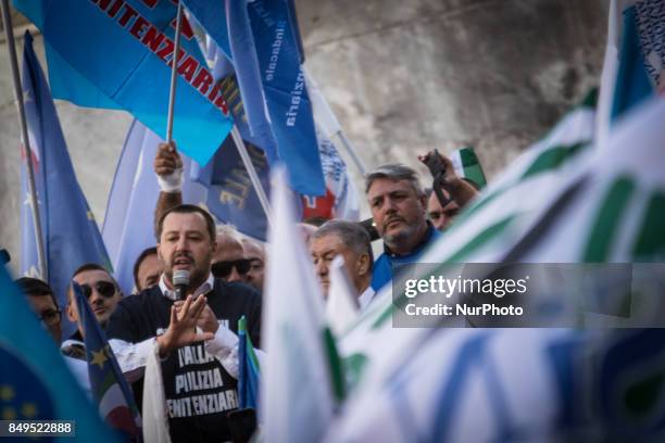 Secretary of The Northern League Matteo Salvini meets protesters from The Penitentiary Police, on September 19, 2017 in Rome, Italy. The Penitentiary...