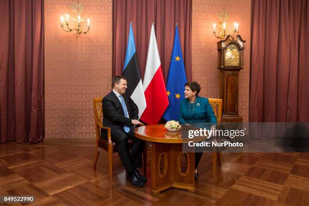 Prime Minister of Estonia Juri Ratas and Prime Minister of Poland Beata Szydlo during their meeting at Chancellery of the Prime Minister in Warsaw,...