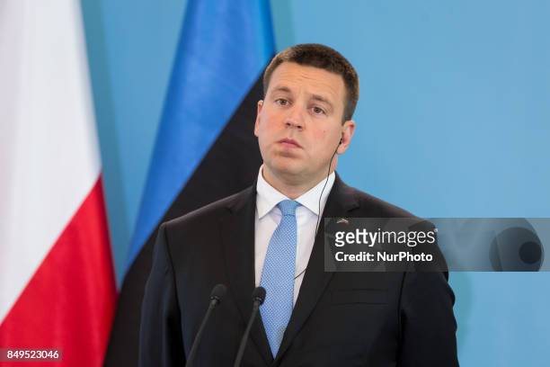 Prime Minister of Estonia Juri Ratas during the press conference after meeting with Prime Minister of Poland Beata Szydlo at Chancellery of the Prime...