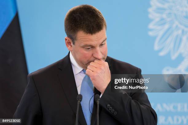 Prime Minister of Estonia Juri Ratas during the press conference after meeting with Prime Minister of Poland Beata Szydlo at Chancellery of the Prime...