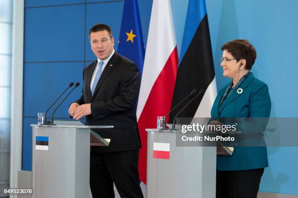 Prime Minister of Estonia Juri Ratas and Prime Minister of Poland Beata Szydlo during the press conference after their meeting at Chancellery of the...