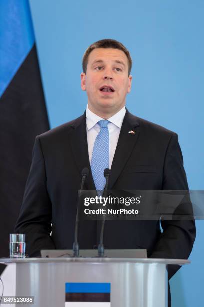 Prime Minister of Estonia Juri Ratas during the press conference after meeting with Prime Minister of Poland Beata Szydlo at Chancellery of the Prime...