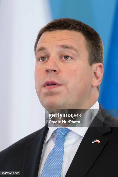 Prime Minister of Estonia Juri Ratas during the press conference after meeting with Prime Minister of Poland Beata Szydlo at Chancellery of the Prime...